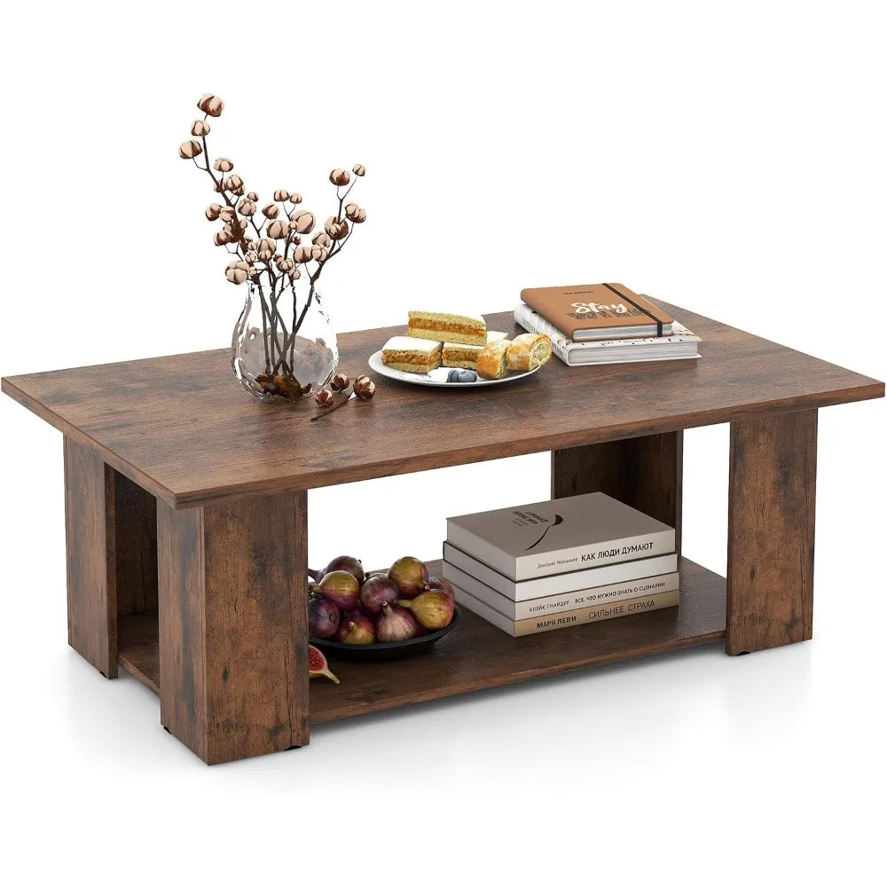 Rectangle wood center table 41’’ l 2-tier large modern tea w/open compartment easy assembly accent coffee