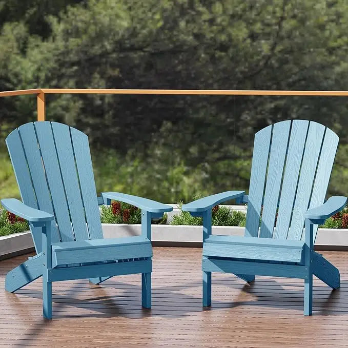 Adirondack chairs set of 2: plastic - patio with wood texture - outdoor chair hips - lawn fire pit - blue / united