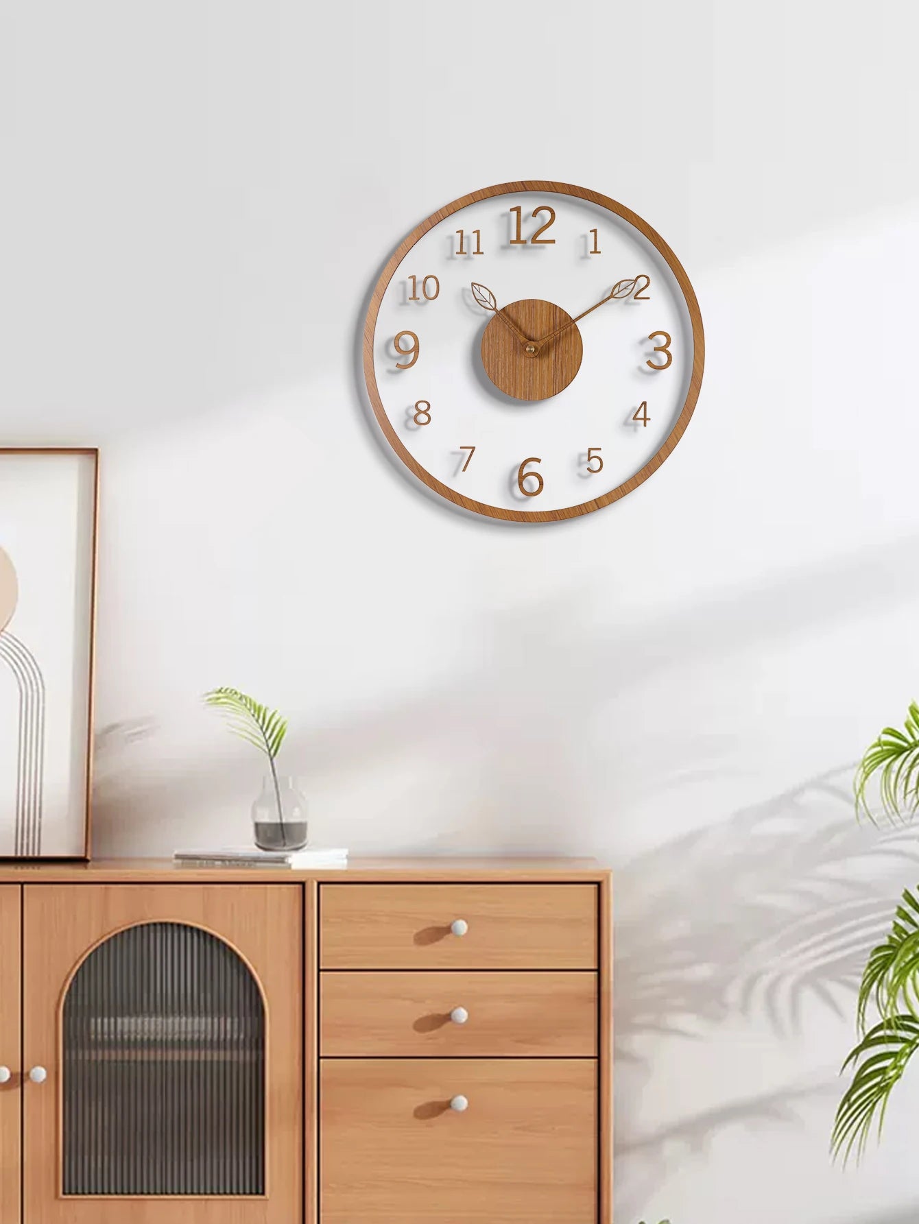 Transparent minimalist wall clock tree leaf pointer wood grain silent living room bedroom office and holiday de - 12