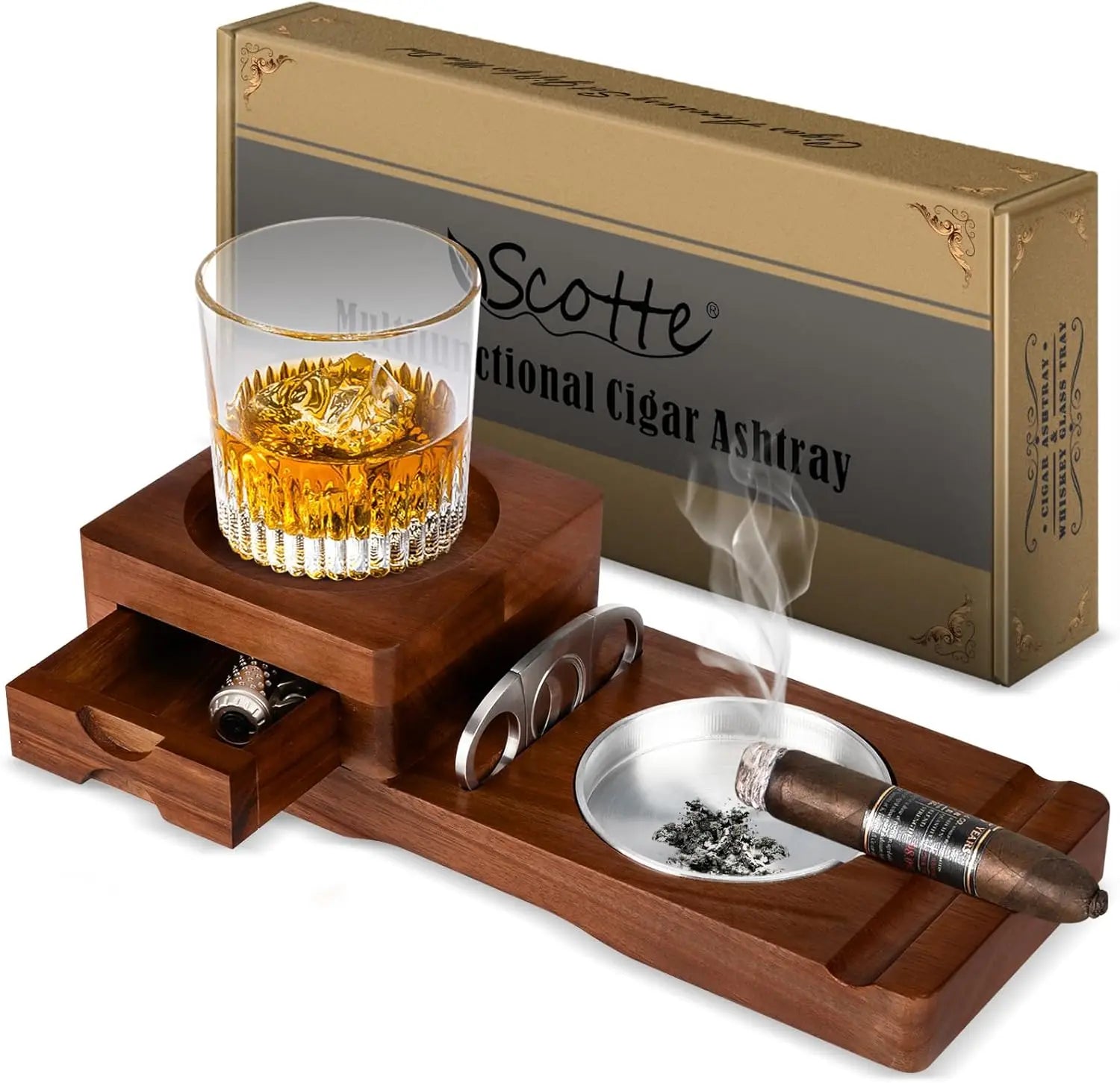Scotte ashtray coaster whiskey glass tray & wooden ash with cigar cutter includes drawer and slot - deep brown / united