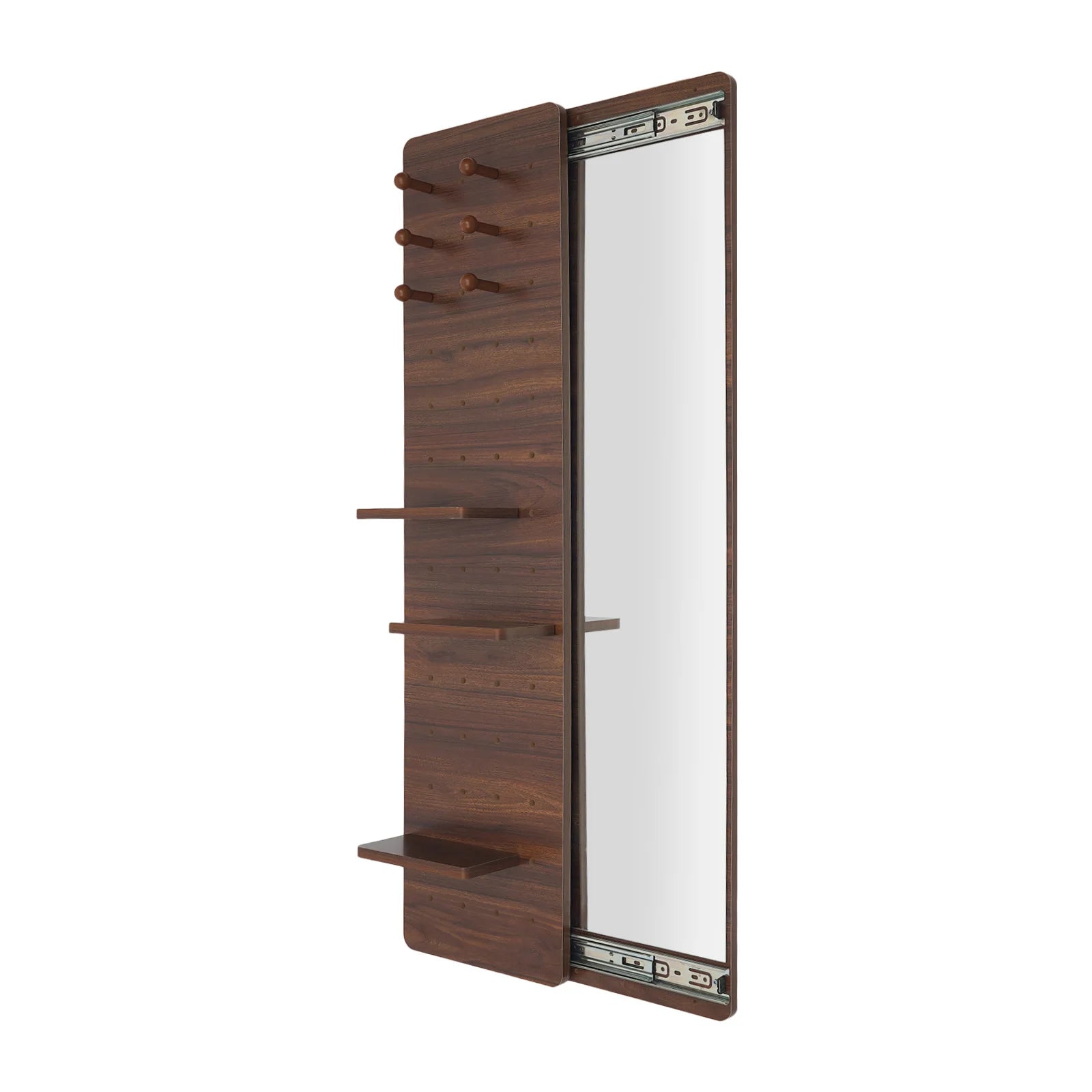 Wood full length mirror with shelf and hooks dual slide rail design multifunctional panel fitting - walnut color