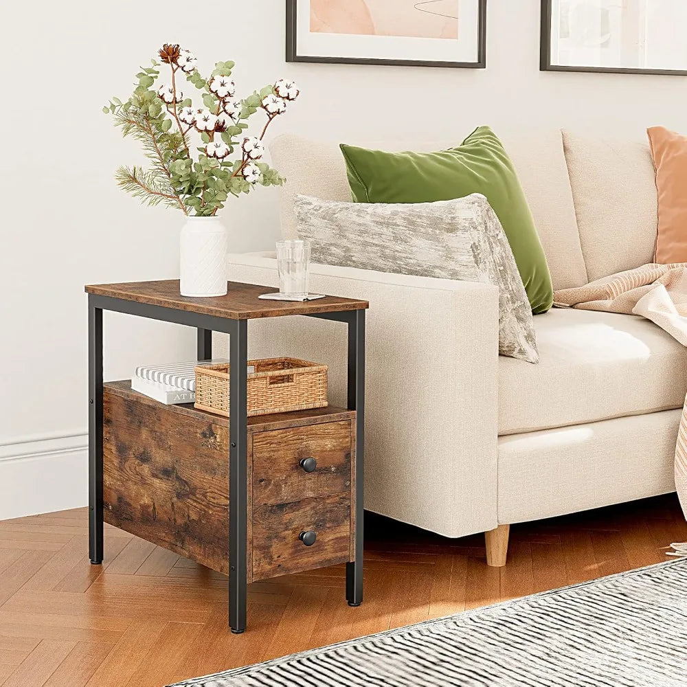 Narrow chairside table with drawer and shelf nightstand for small spaces stable sturdy - rustic brown blac / united