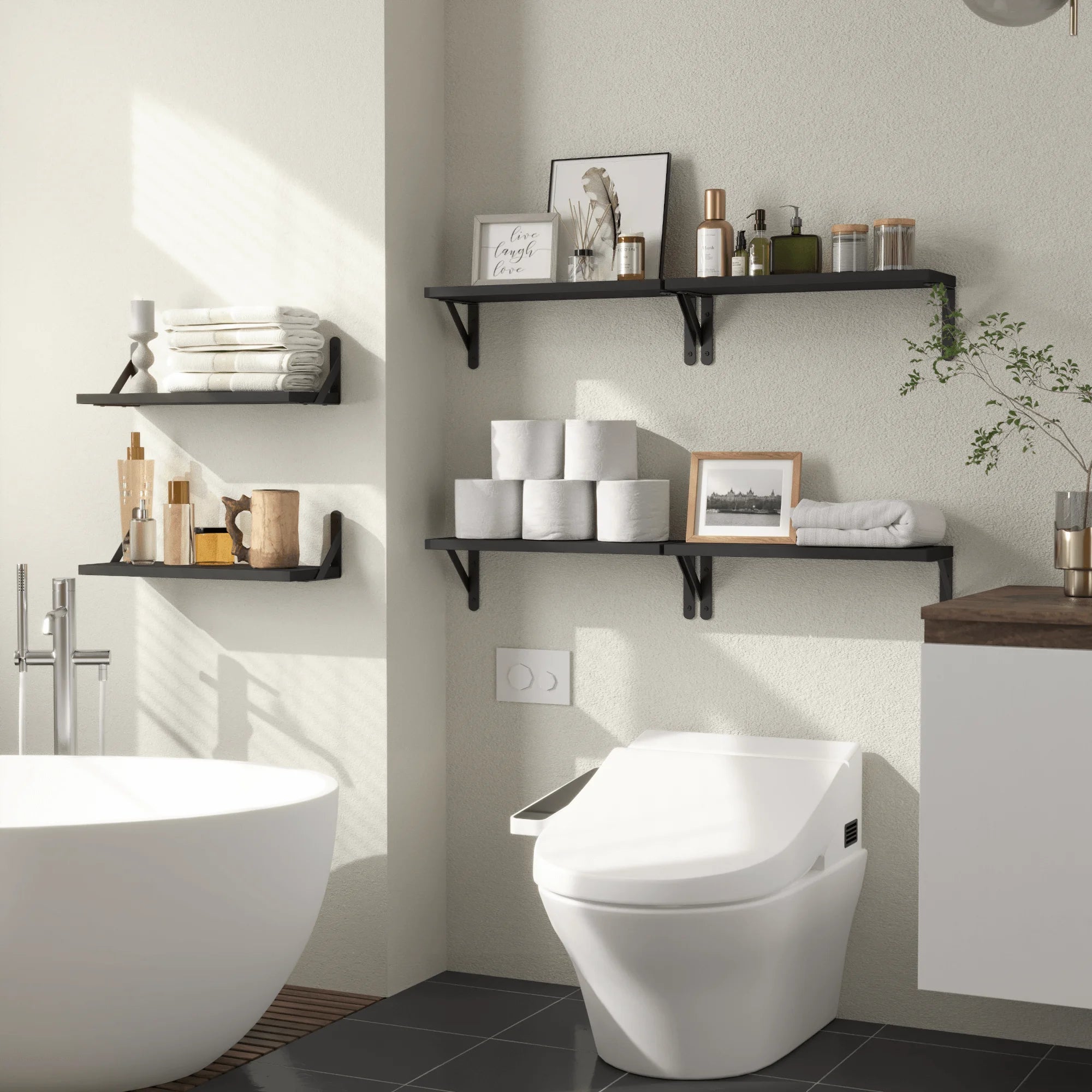 Rustic floating shelves for wall farmhouse wood shelf decor mounted room sets of 6 hanging storage - black / united