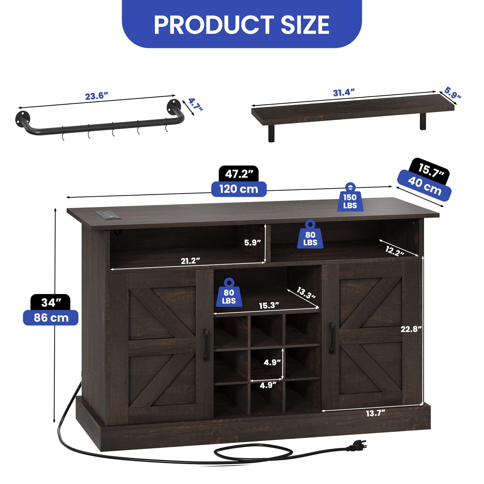 47’’ cabinet home bar liquor wine racks storage shelves wooden pantry living room - united states / brown - rack