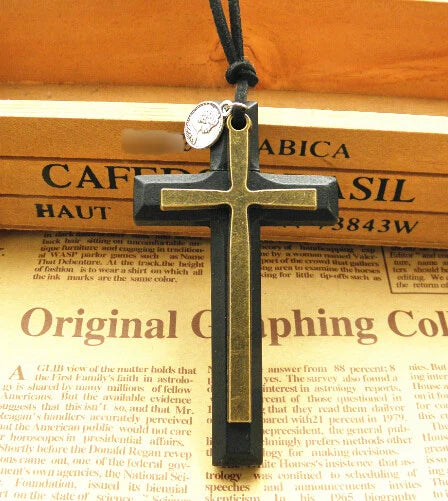 Retro artistic wooden cross nelace korean faion pendant long men’s sweater chain hanging decoration ex version - disc