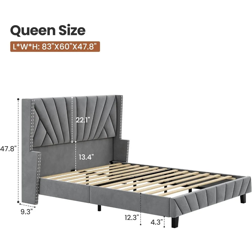 Grey queen size upholstered platform bed frame with 47.8’’ tall velvet geometric tufted wingback headboard wooden slats