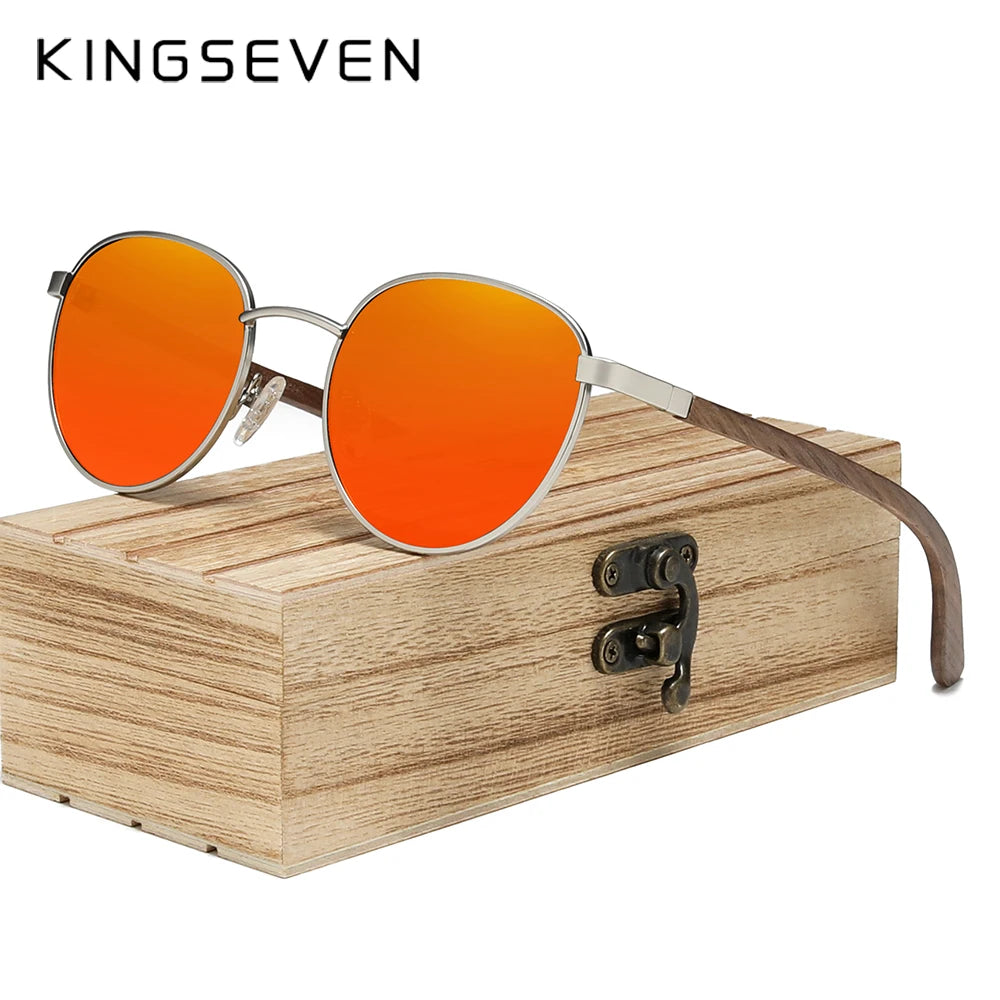 Kingseven round walnut wooden sunglasses for men polarized uv400 protection lens retro eyewear women handmade vacation