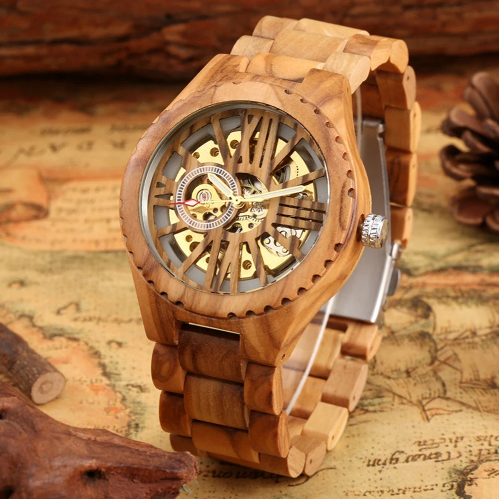 Luxury roman digital wooden men’s automatic mechanical hand wind watch casual fashion trend accessories - wood watch