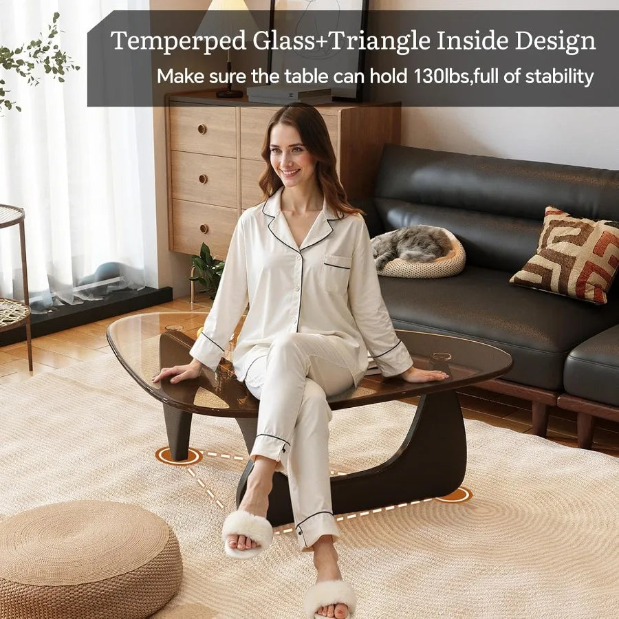 Coffee table for living room mid century modern center with glass top and oak wood brown walnut - united states