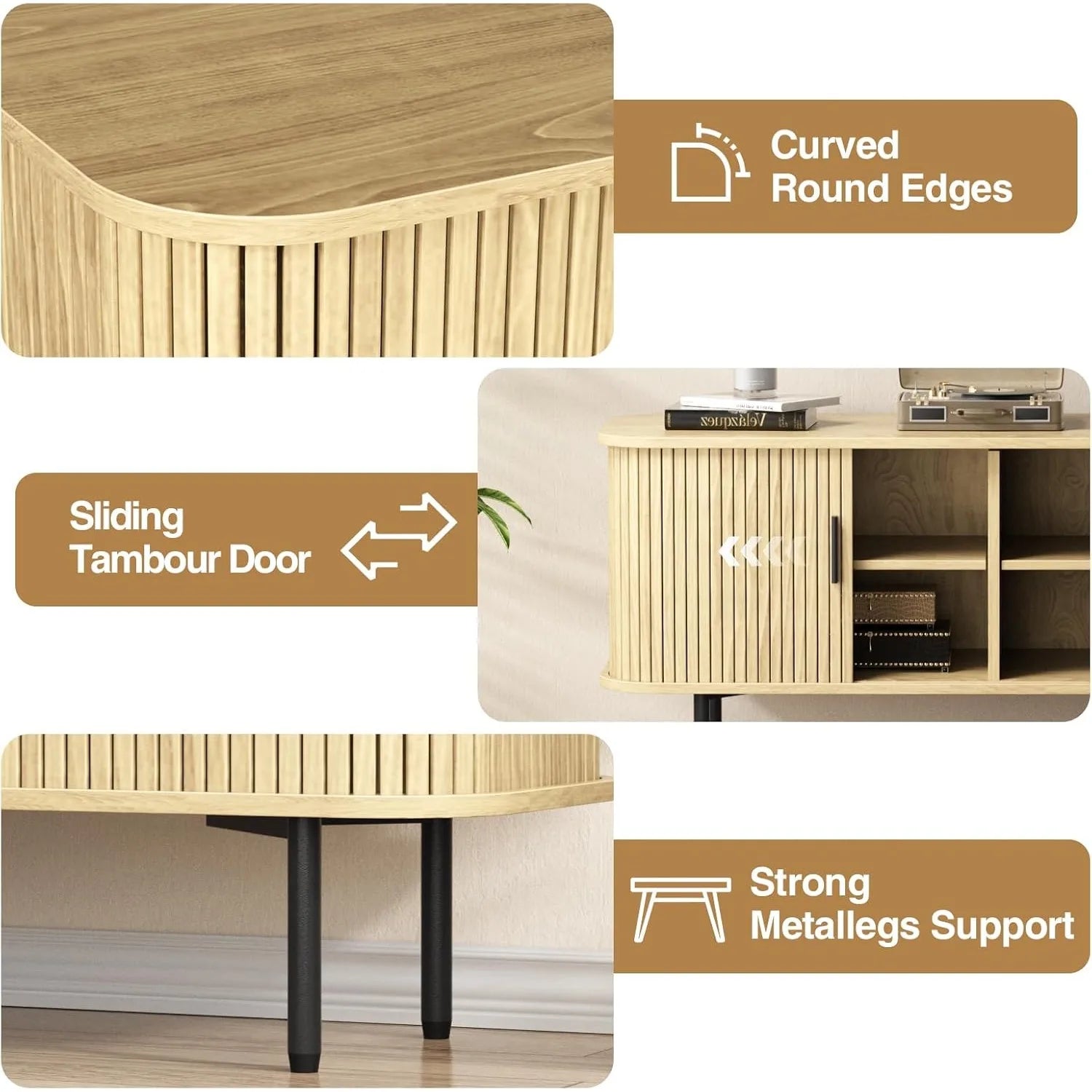 Vabches tv stand for up to 65 inch tvs wood storage cabinet with fluted sliding door console table credenza living room