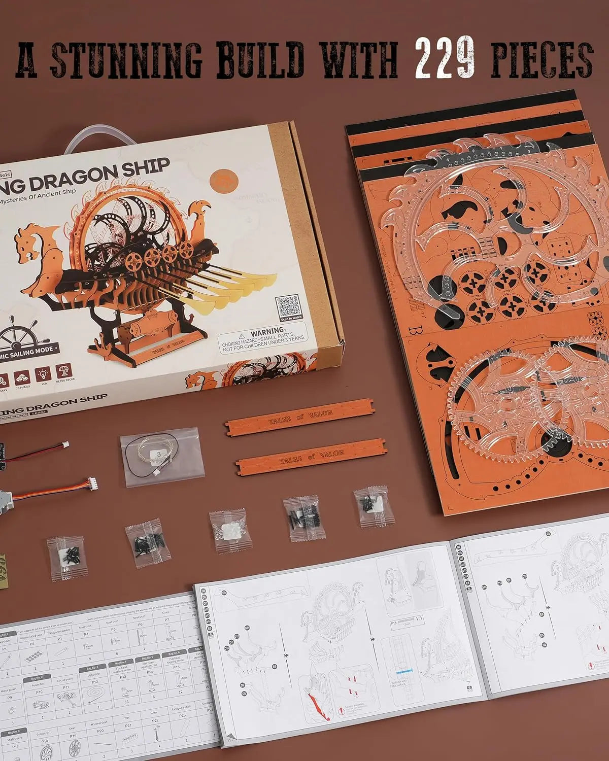 Robotime viking dragon ship mechanical wooden puzzles 229 pieces crafts hobby building kit birthday anniversary