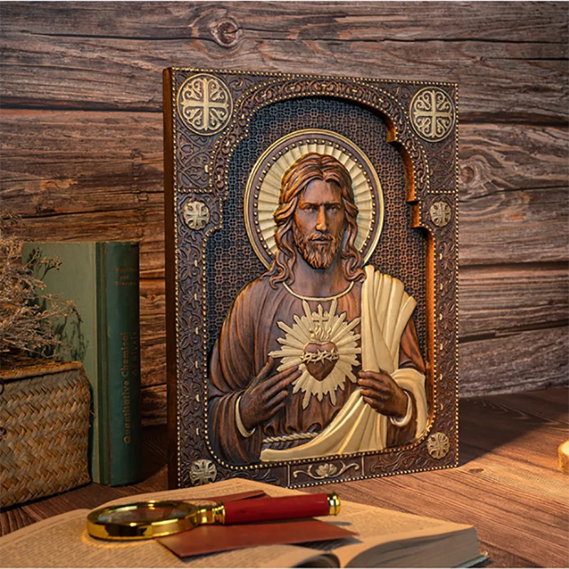 Handmade wooden sacred heart statue - religious wall art plaque catholic christian home decor church altar wood carving