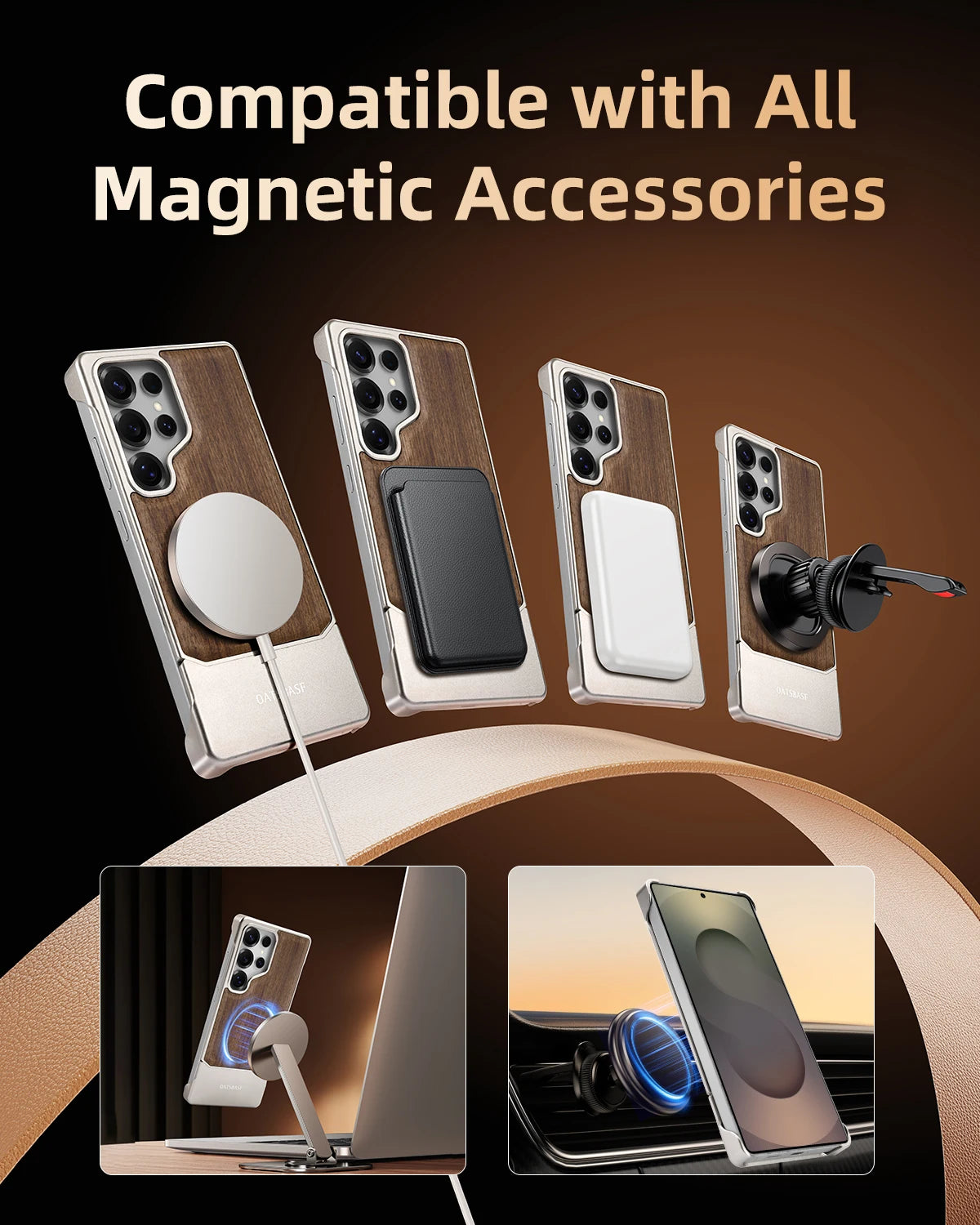 Oatsbasf solid wooden phone case for samsung galaxy s25 ultra magnetic shockproof metal frameless easy to install