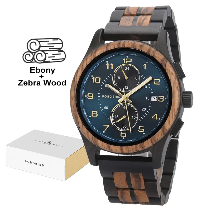 Bobo bird men watches 44mm luxury quartz watch lightweight wooden case and straps for casual support customize gift box
