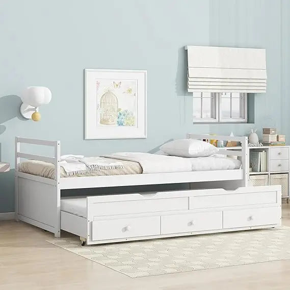 Jyh twin bed with trundle - solid wood daybed frame pull-out & 3 storage drawers headboard and footboard for teens
