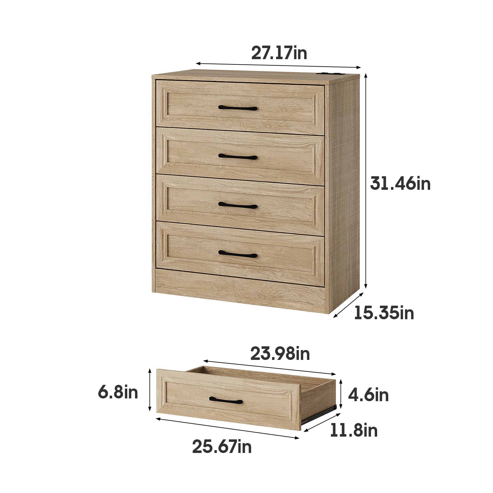 Vabches 4 drawer dresser for bedroom wood with power outlet&metal handles chest of drawers storage organizer hallway