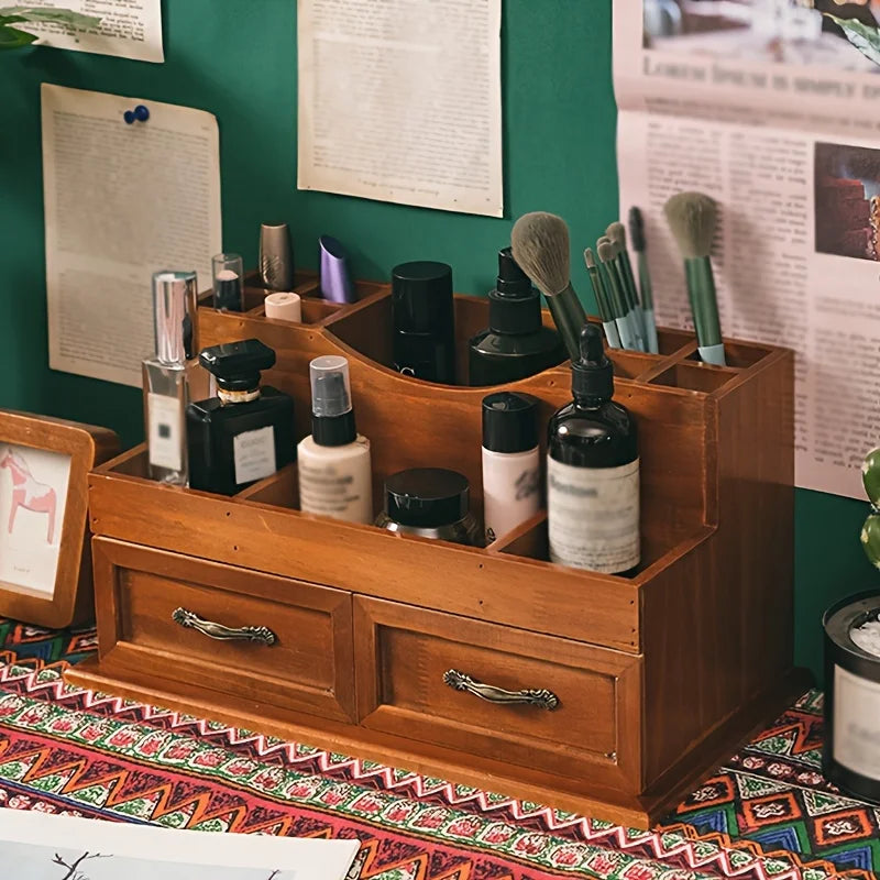 Vintage-inspired wooden desk organizer - multiple compartments for cosmetics & office supplies ideal home decor - wood