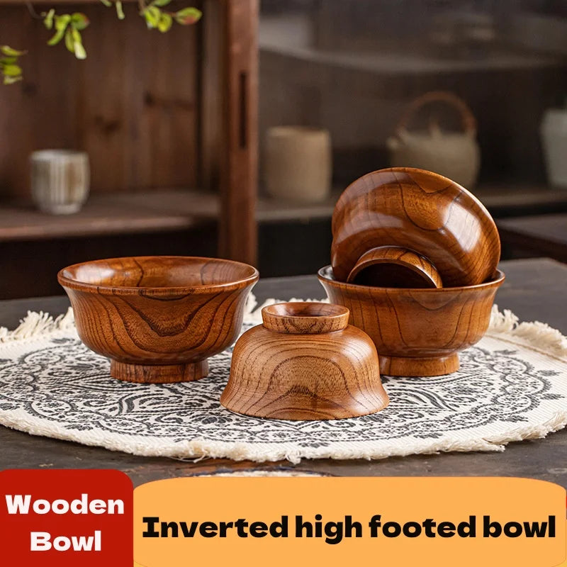 Natural wood bowl set wooden salad ramen bowl,anti edge high foot milk tea restaurant creative anti scald 15cm