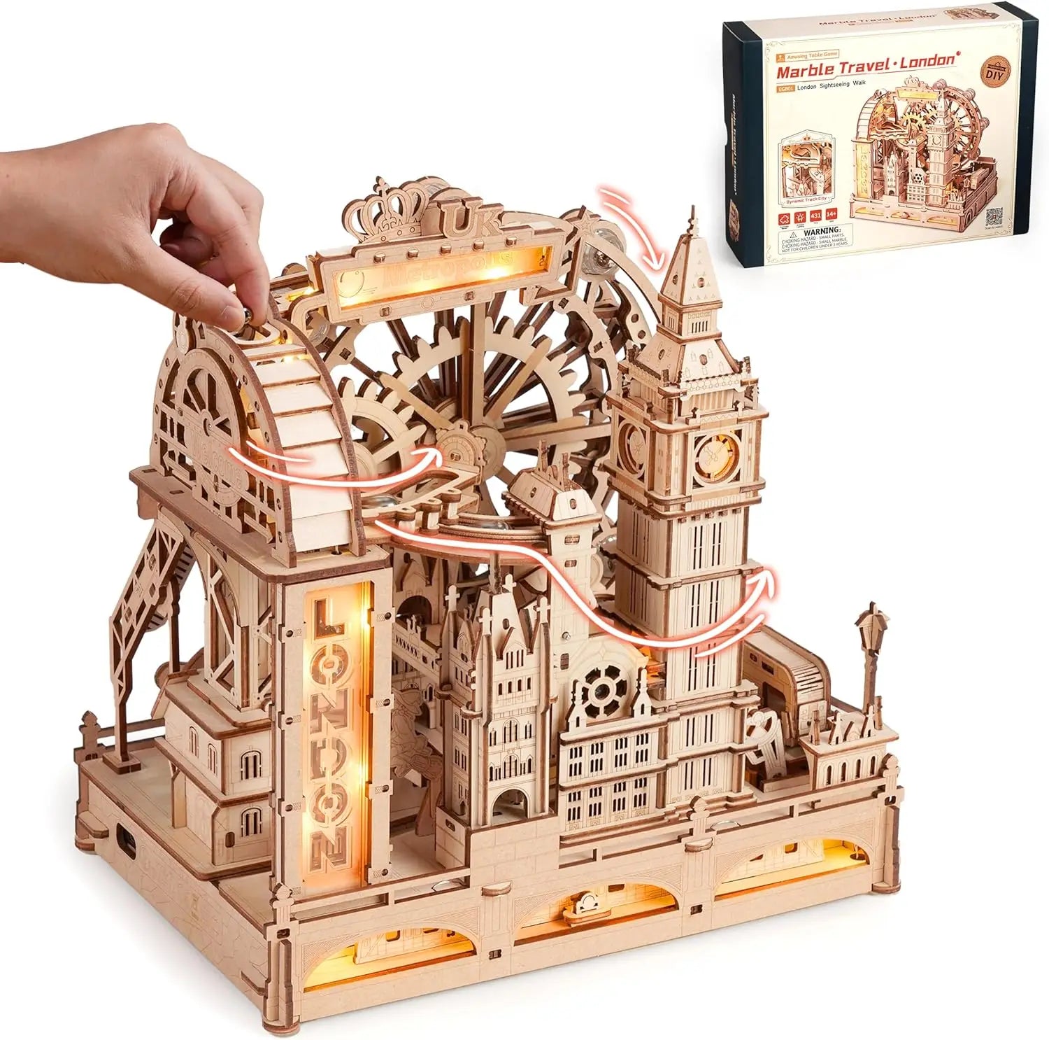 Robotime rokr 3d wooden puzzles london city miniature marble run building toys diy pinball machine model kits gear ball