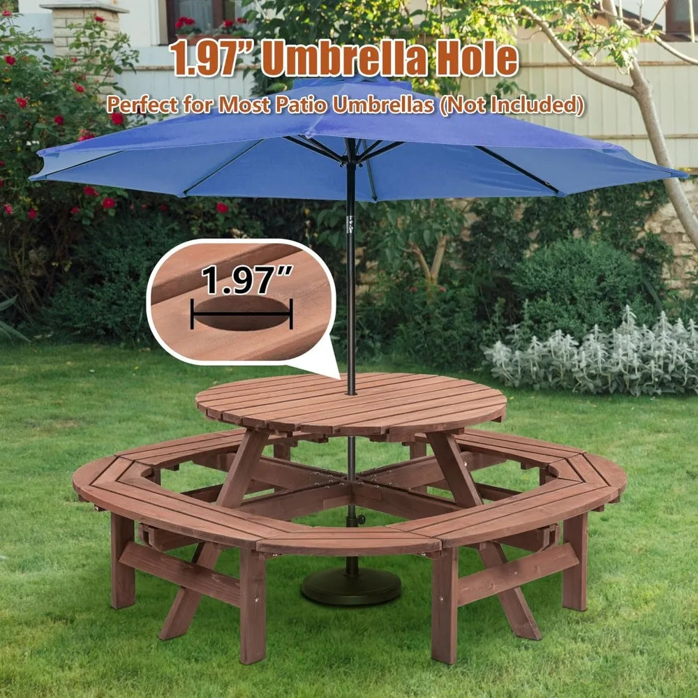 10-person solid wood picnic table outdoor round and bench set with umbrella hole outside wooden chairs s