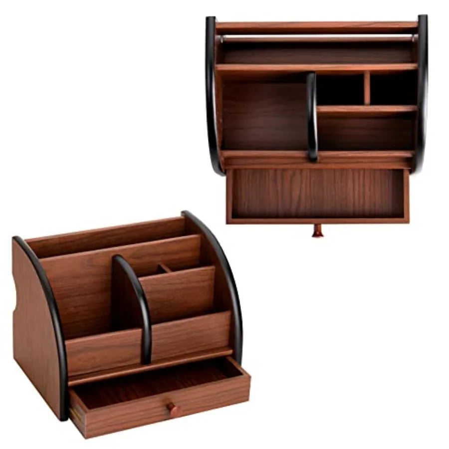 Wooden desk organizer with drawer remote control holder caddy makeup organize wood peil desktop supplies and stationery