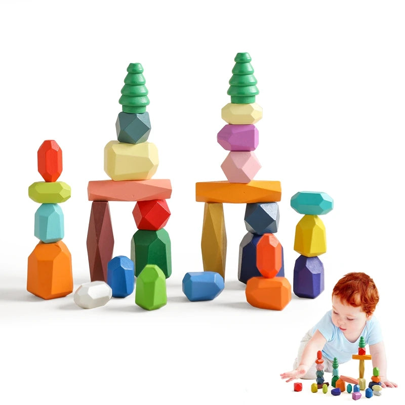 Wooden sorting stacking rocks stones sensory toddler toys learning montessori building blocks game for kids birthday