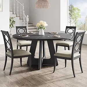 47-inch round farmhouse dining table set for 4-6 wooden top and legs home room - united states / black