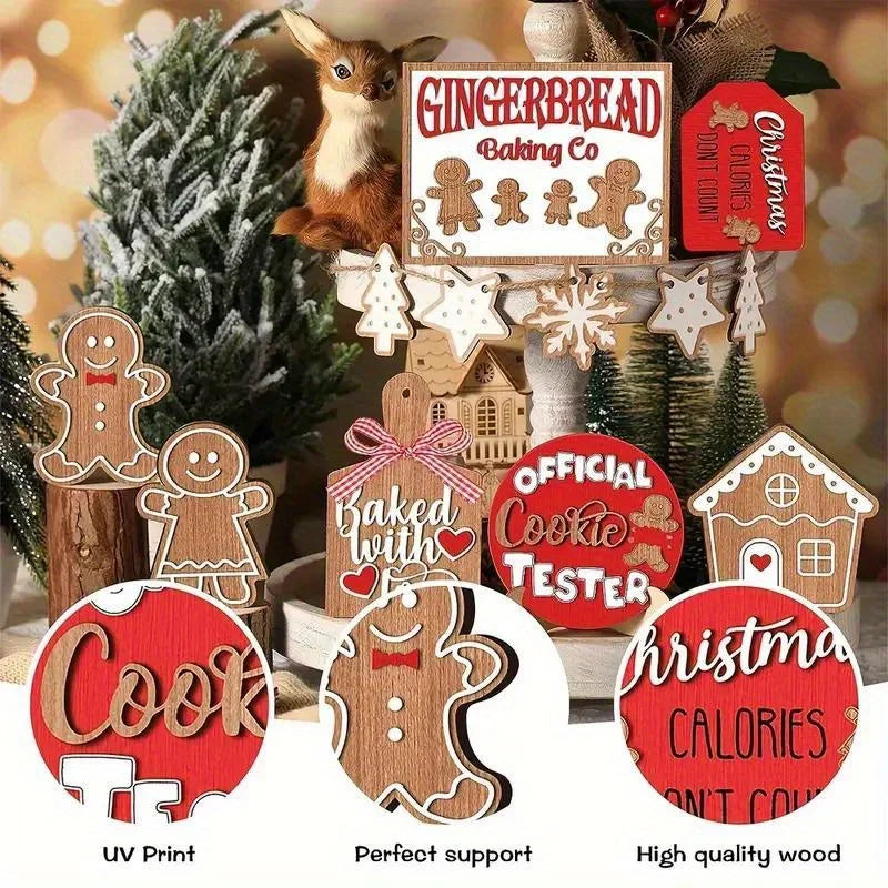 12-piece wooden christmas tiered tray set: featuring colorful snowmen gingerbread and santa signs for festive cheer