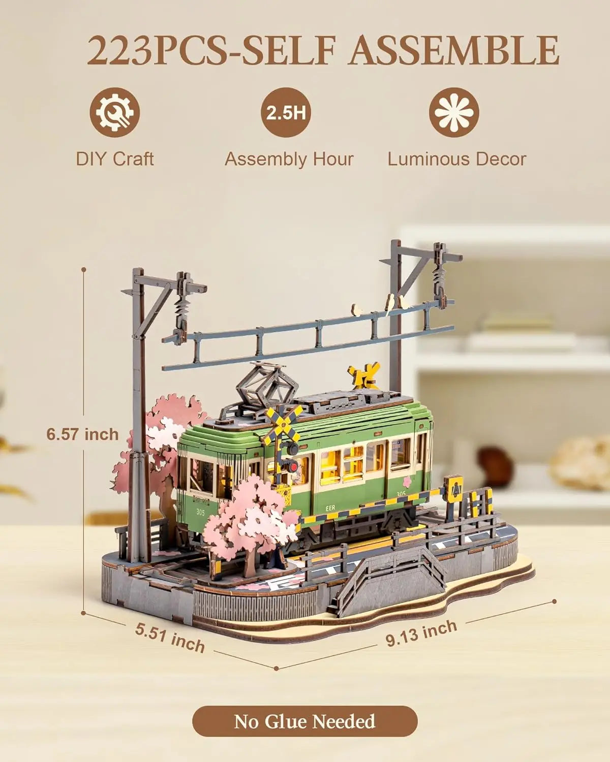 Robotime sakura journey tram 3d wooden puzzles model car kits building set creative gift stem toy for girls boys 223pcs