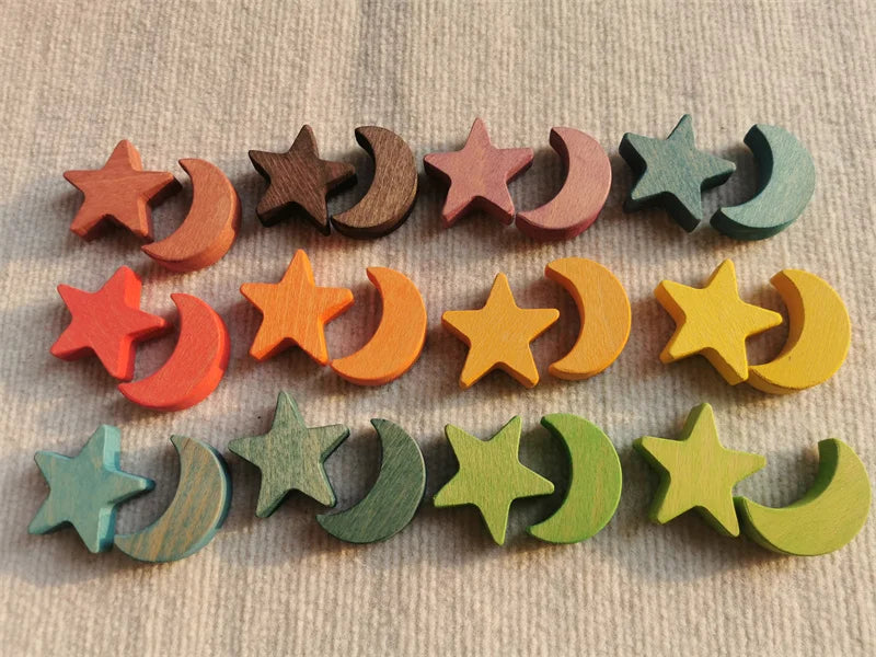 Rainbow wooden stacking star heart blocks pastel nordic beech moon clound open-ended play - star moon 24 - game
