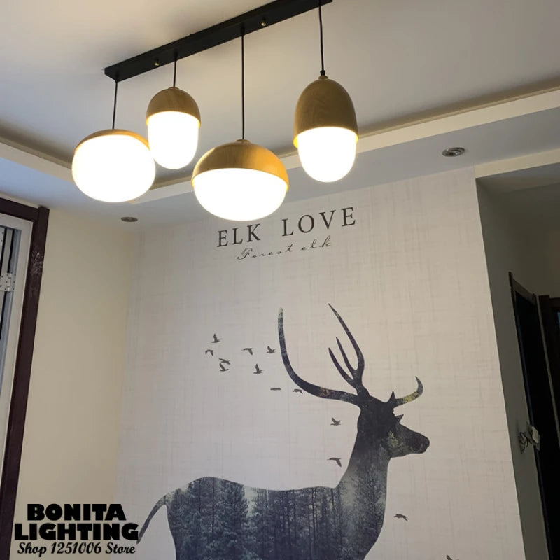 Nuts acorn small mushrooms chanderlier glass milky ball wood grain iron modern pendant lamp led pine cone light