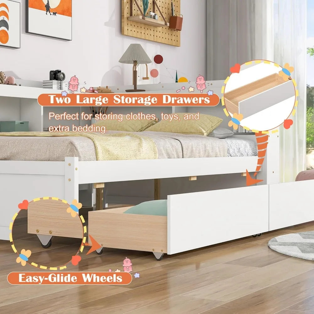 Full size daybed with storage and drawers l-shaped corner bed frame bookcase headboard solid wood captains