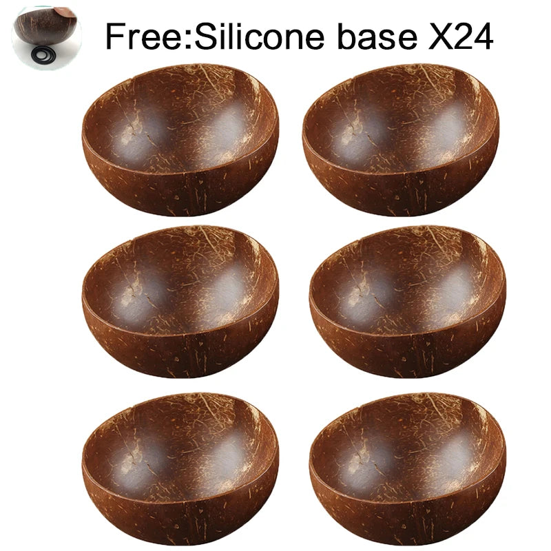 Coconut bowl set natural handmade shell tableware wood spoon dessert fruit salad mixing rice ramen wooden bamboo - 6