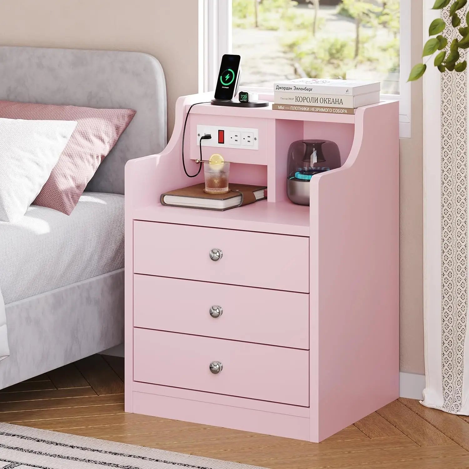 Nightstand with charging station night stand hutch & storage drawers end table side bedroom, - pink / united states