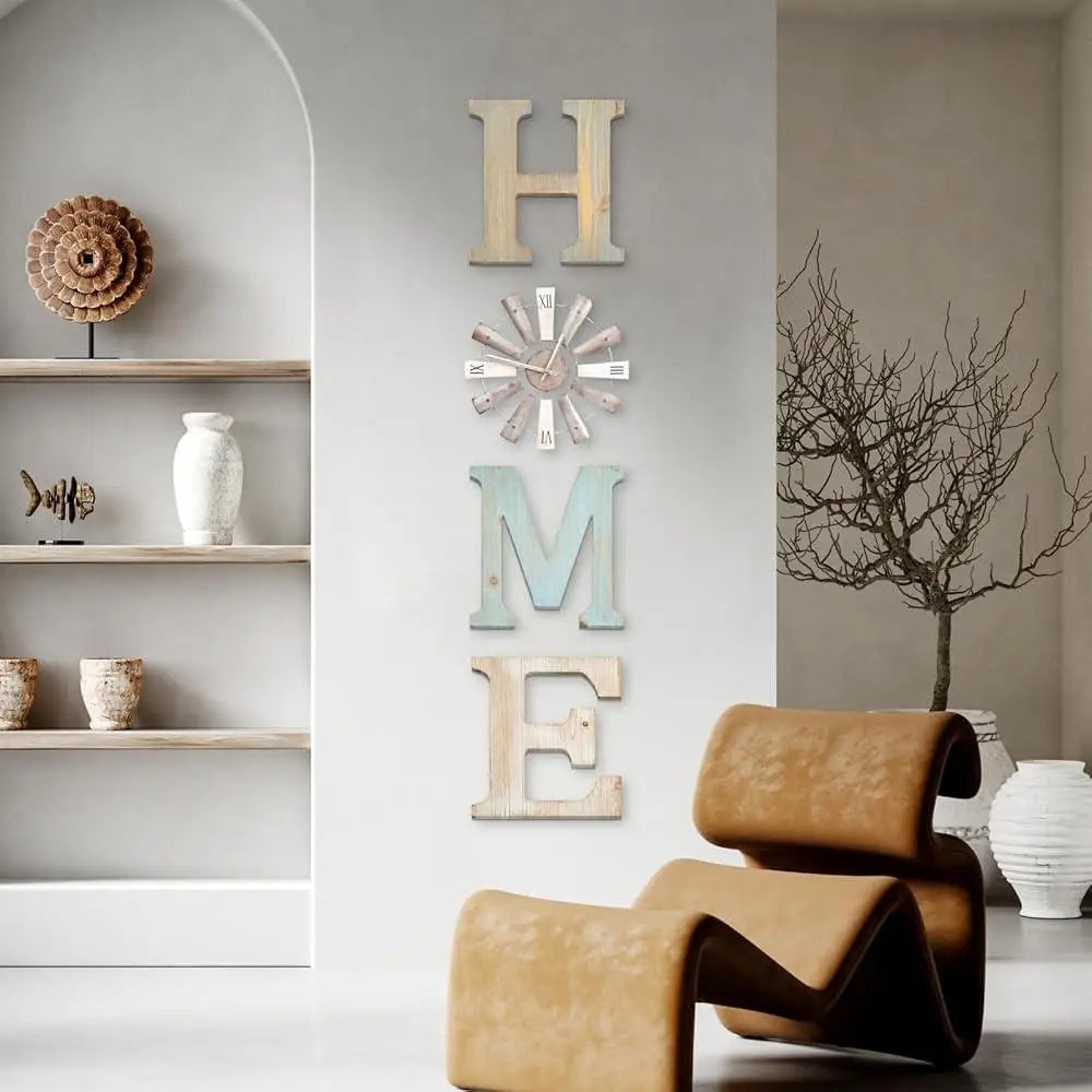 Farmhouse wall decor rustic home signs windmill clock iron wood letters art living room kitchen entryway dining