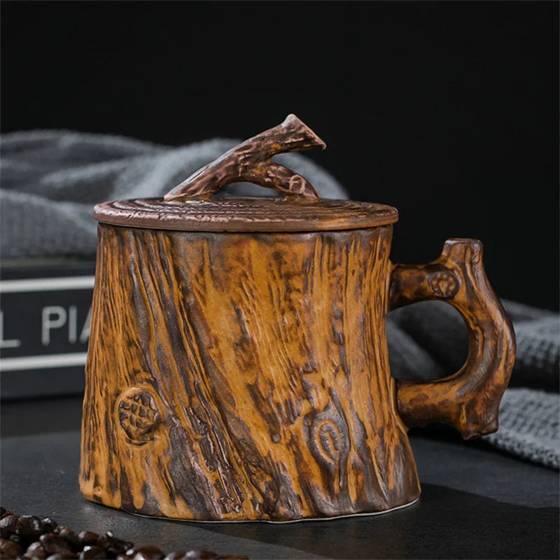 Vintage wood texture cups tree stump ceramic coffee mug with handle and lid breakfast milk mugs personalized gifts