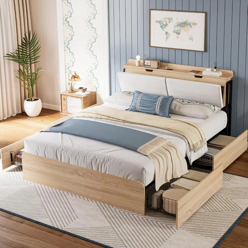 Home.queen bed frames with hidden storage headboard camas queen charging station and 4 drawers sturdy noisele - united