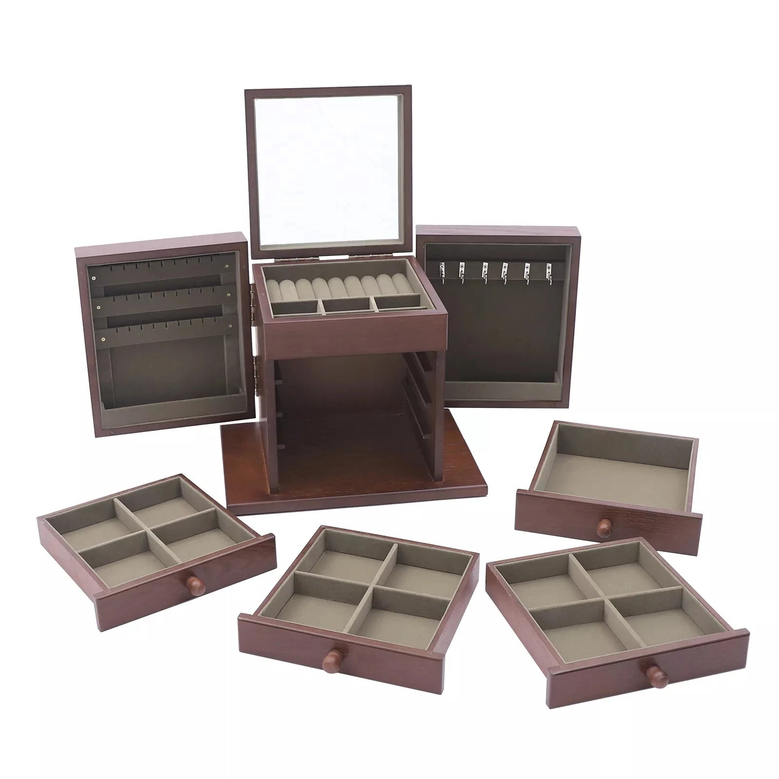 Vintage wooden jewelry storage box 5 layers with 4 drawers organizer - box