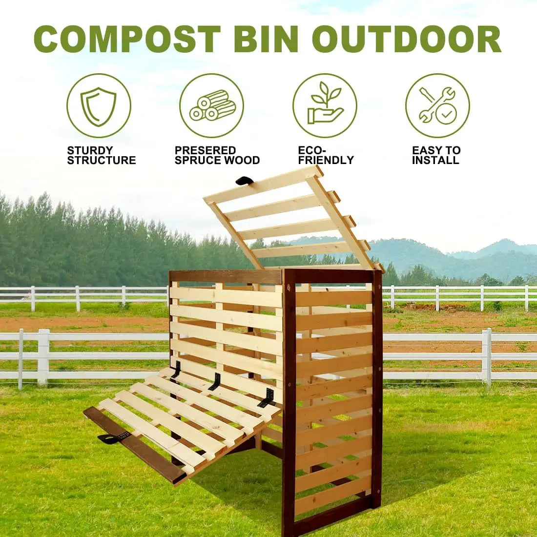 Wood composter bin 95 gallon compost outdoor with front and top door large capacity box for backyard, - united states