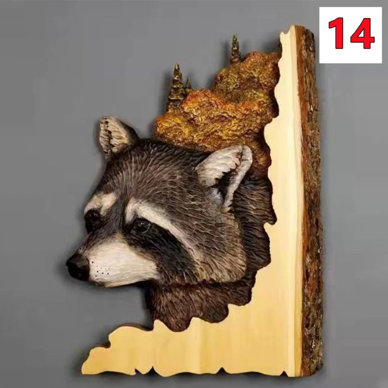 Animal carving handcraft wall hanging sculpture wooden raccoon bear deer fox wolf hand drawn decoration home living