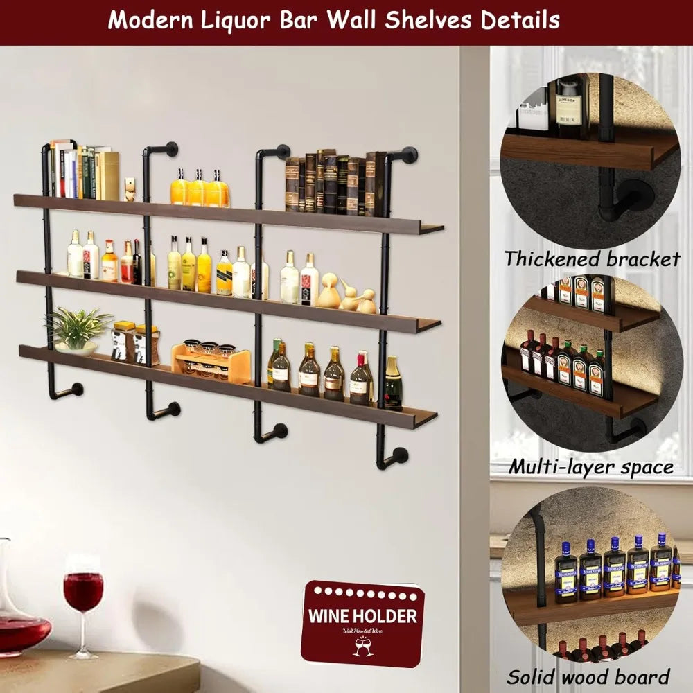 Solid wood wine rack wall mounted bar shelves for liquor bottles with led light 3 tier large capacity mo - united