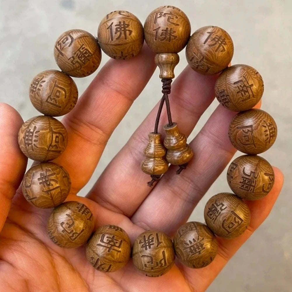 Carved buddha beads six paths wood wooden bracelet reciting hand chain cus made real mantra jewelry - channels of wood