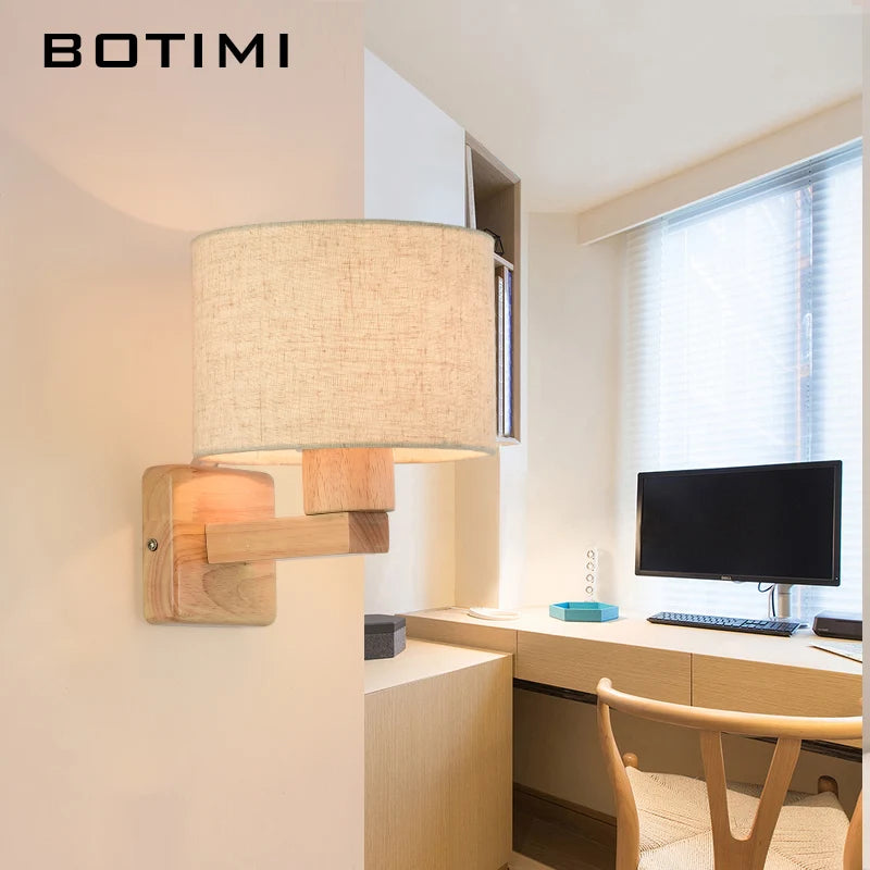 Botimi fabric lampshade led wall lamp for living room hotel bedside wooden sconce e27 luminaire bed reading home