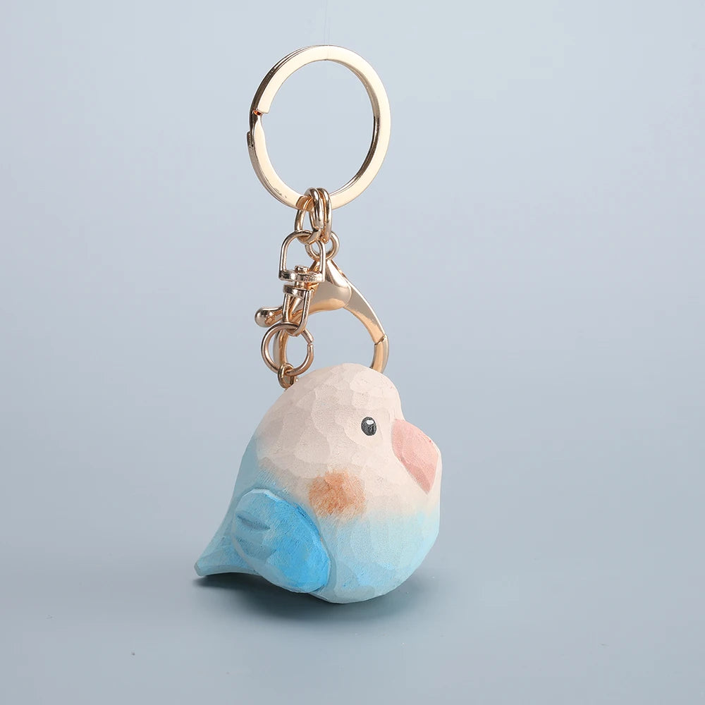 Handcrafted green parrot keychain wooden sculpture bag charm car key holder blue keyring handmade gift christmas - sky
