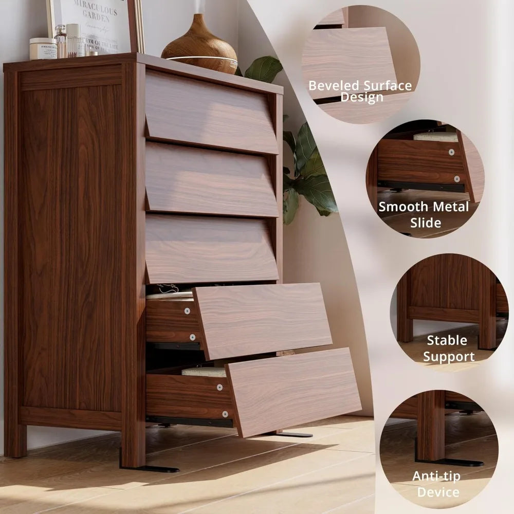 5 drawer dresser for bedroom modern chest of drawers with handleless design wooden tall storage cabinet - walnut
