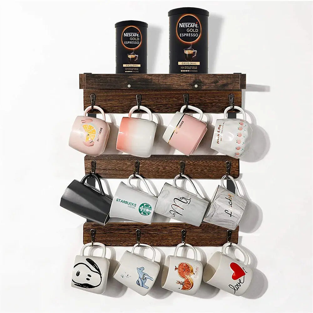 Wall mounted wooden cups hanging organizer coffee mug cup rack holder shelf 12 hooks