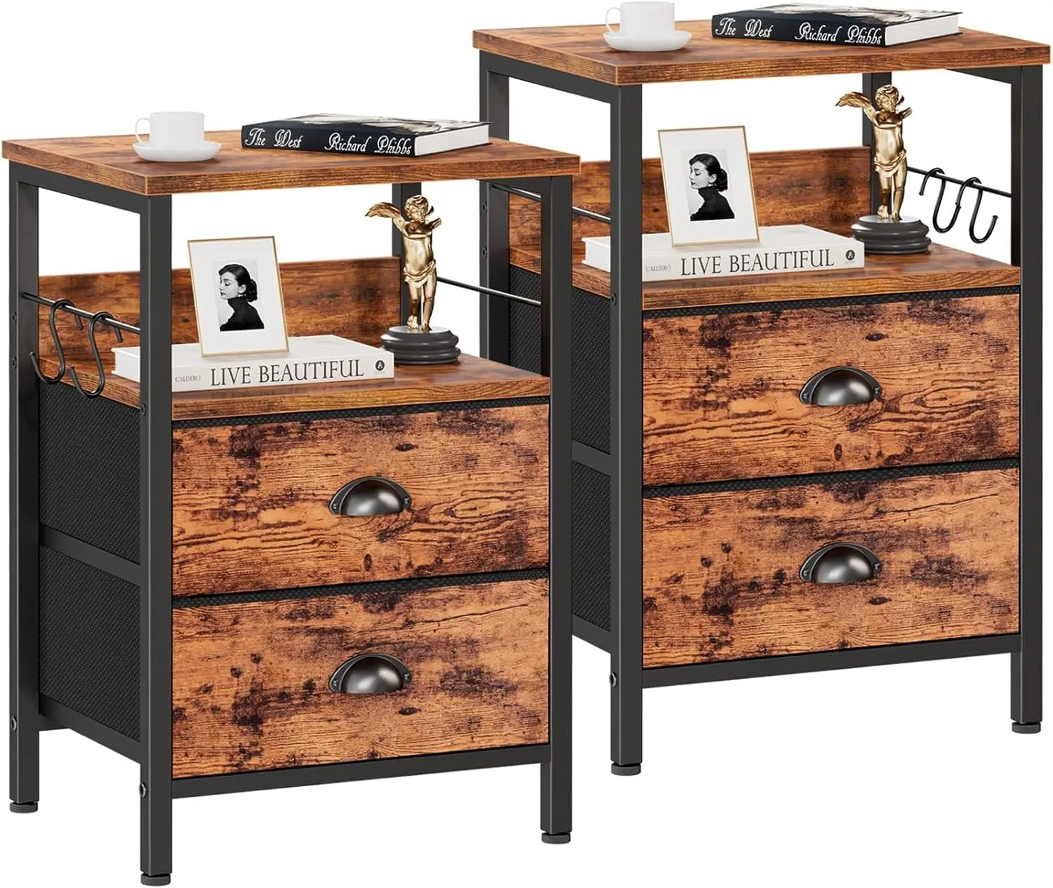 Nightstands set 2 end table with fabric drawers bedside hooks open wood shelf side sofa for bedroom - rustic brown