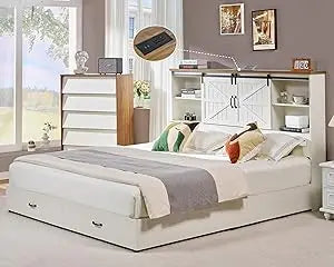 Vanacc queen size bed frame wooden platform storage with 51.2’’ bookcase headboard 2 drawers charging station/no box