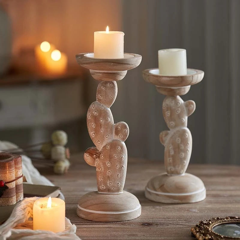 Japanese wooden candle holder solid carved cactus base nordic home decor christmas ornament creative stand gift