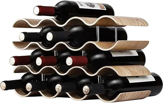 Four-tier freestanding wooden wine rack for 14 bottles - wavy design storage organizer - united states / wood - wine